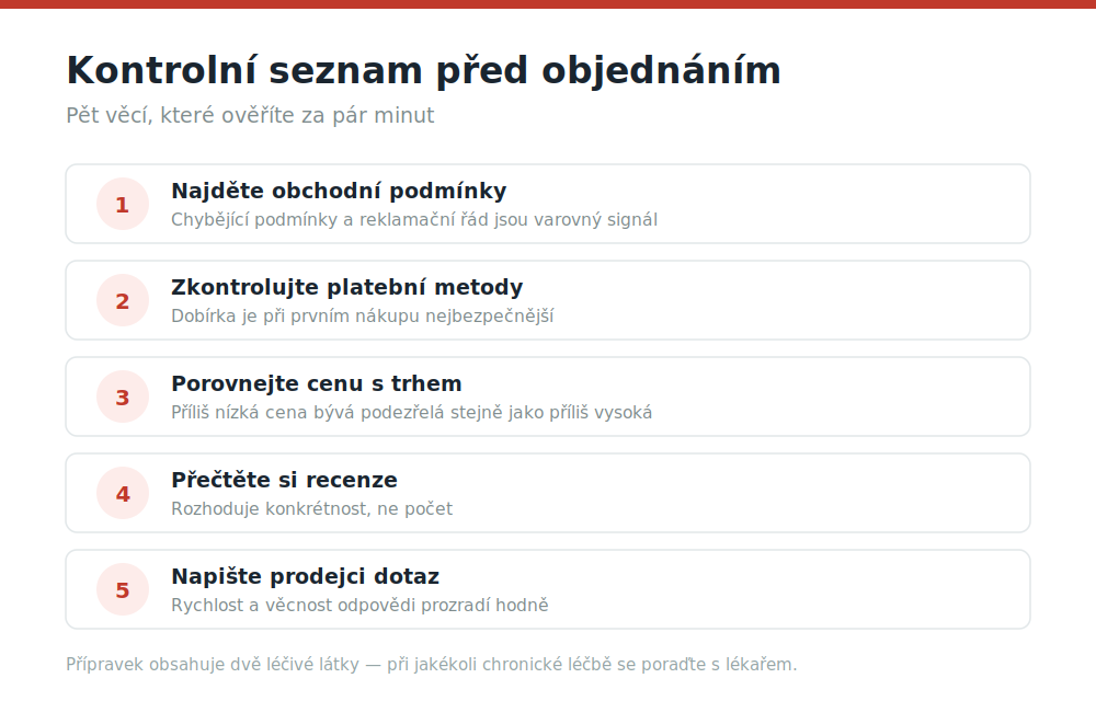 Pětibodový kontrolní seznam pro ověření online prodejce před objednáním Kamagry